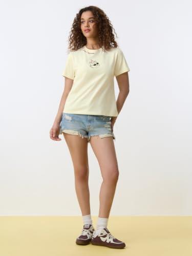 The Souled Store Party Animal Women and Girls Short Sleeves Round Neck Off White Embroidered Cotton Relaxed Fit Lightweight Everyday Casual T-Shirts