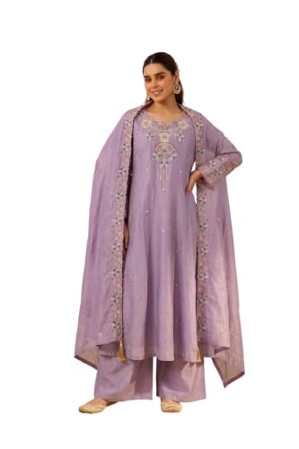 Women's Embroidered Silk Blend Kurta With Palazzo And Dupatta
