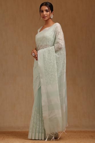 Soch Womens Powder Blue Chanderi Floral Print Saree With Thread Work