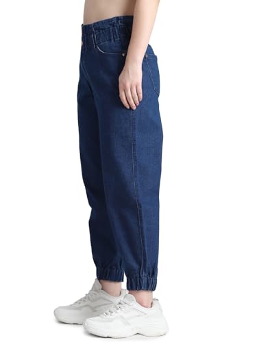 ONLY Women Solid Cotton High Rise Blue Denim Joggers