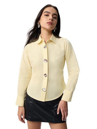 The Souled Store Buttoned in Bento Women and Girls Full Sleeves Spread Collar Light Yellow Embroidered Cotton Slim Fit Comfortable Everyday Shirt for Casual Wear