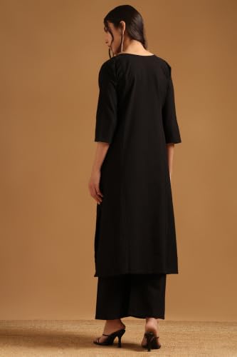 Soch Womens Black Cotton Flex Botanical Applique Kurta Set