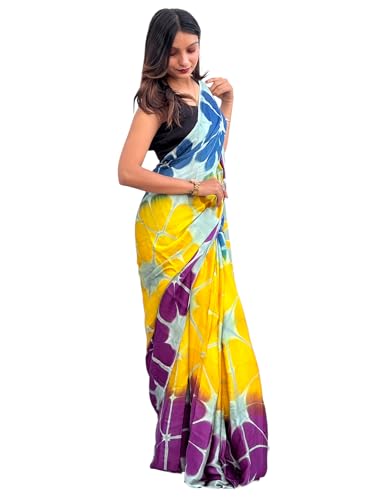 Prijam Handloom Calap Daing Modal Silk Saree, Floral Print, Blue Yellow Purple Pattern, Gold Border (multi 1)