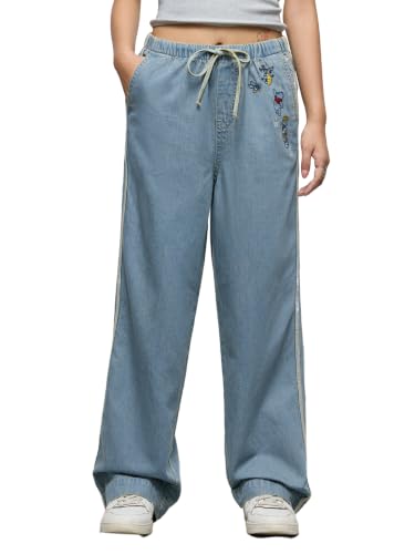 The Souled Store Winnie The Pooh: Bee Happy Women and Girls Drawstring Waist Light Blue Embroidered Cotton Straight Fit Lightweight Everyday Casual Denim Jeans