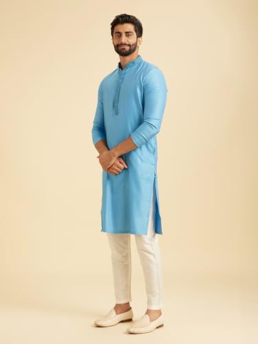 Manyavar Men's Viscose Blend Self-Design Kurta Pyjama Set (Light Blue,XXL)
