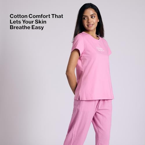 NYKD Essential Cotton Pyjama Coord Set with Crew Neck Cotton Knit Tee Nys943 Pink Seer