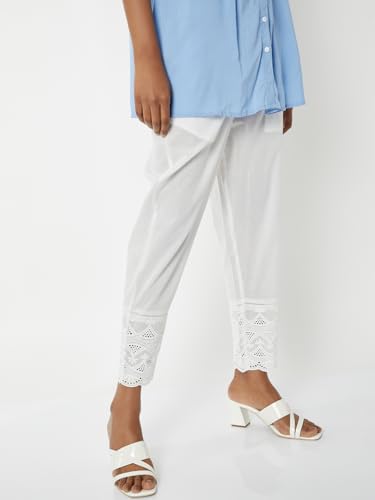 Max Women Embroidered Hem Straight Pants (White_XL)
