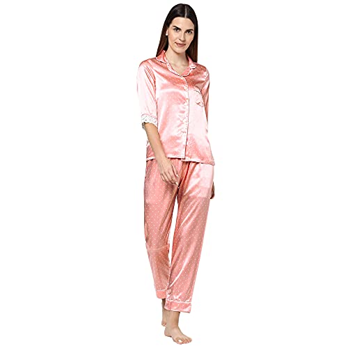 Sweet Dreams Women Satin Polka Dots 3/4th Sleeve Shirt & Pyjama Set-Peach-M