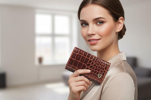 Calfnero Women's Genuine Leather Wallet-Long Purse Wallet with Multiple Card Slots, Zip Pocket and Note Compartment (Cognac)