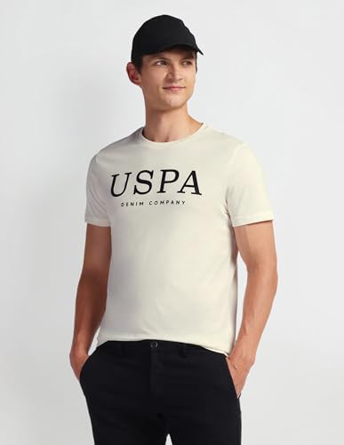 U.S. POLO ASSN. Mens Solid Half Sleeve Brand Carrier Round Neck T-Shirts (UDTSHS0899_Off White_L)