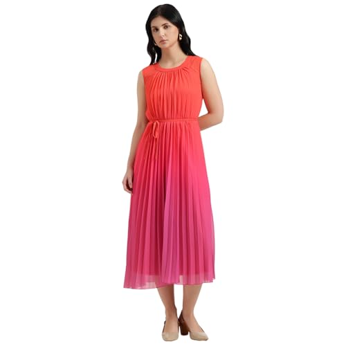 United Colors of Benetton Regular Fit Round Neck Ombre Pleated Dress (Size : L) - 26P4WVNDR328I901 Red