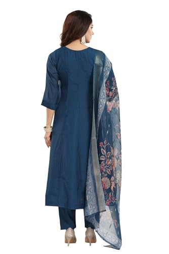 DARIKA Women's Navy Blue Embroidered Kurta Pant Dupatta Set | Floral Printed Organza Dupatta | Ethnic Suit Set for Women & Traditional Dress