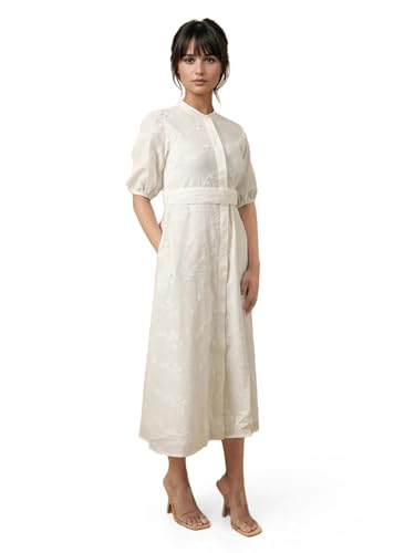 Rareism Women's Round Neck Embroidered Puff Sleeves Midi A-Line Dress