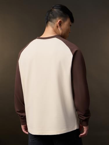 The Souled Store Harry Potter: Four Houses Men and Boys Long Sleeve V-Neck Beige Graphic Printed Casual Lightweight Drop Shoulder Streetwear Trendy Oversized Full Sleeve T-Shirt