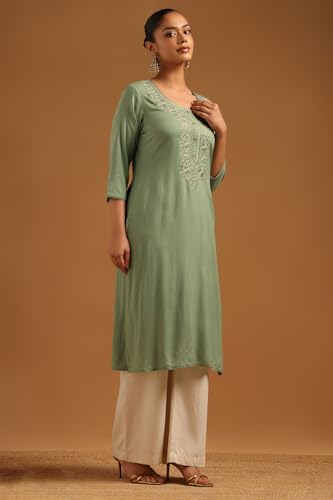 Soch Womens Sap Green Rayon Floral Kurta with Machine Embroidery and Thread Work