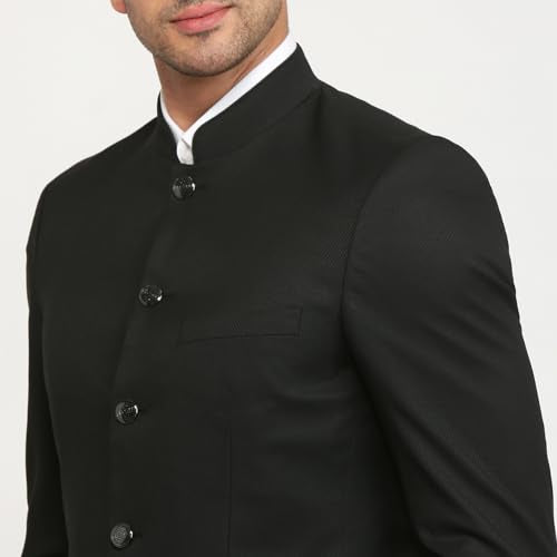 Raymond Men Regular Fit Solid Pattern Poly Viscose Blend Stand Collar Full Sleeve Ceremonial Jacket (Size: 38)-RIJI00130 Black