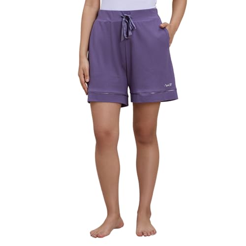 NYKD Buttery Soft Modal Cotton Shorts for Women with Clean Elasticated Waist, Satin Tie & Side Pockets – Comfortable Relaxed Fit, Model NYS928 Purple