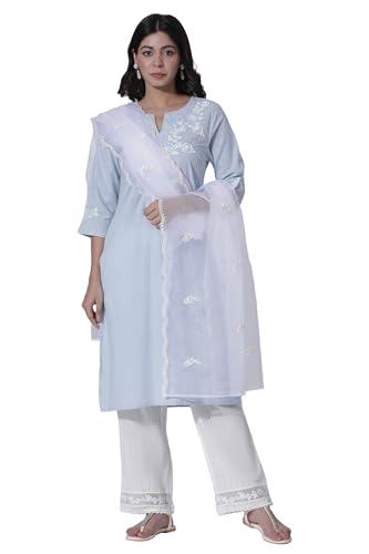 W for Woman Blue A-line Textured Cotton Embroidered Kurta, Pants with Dupatta Set_24ONWS10508-221412_3XL