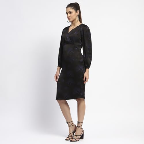 Madame Abstract Print Surplice Neck Black Midi Dress