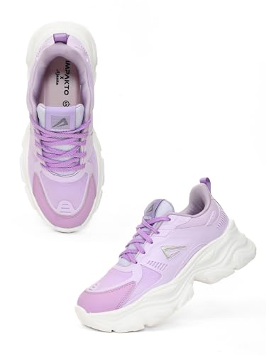 Impakto Women’s Chunky CoreMax Sneakers | High-Top Platform Casual Shoes | Rounded to Pampering Cushioned Insole & Non-Slip Sole | Stylish Lace-Up Shoes for Walking, Workout & Travel Outing Purple