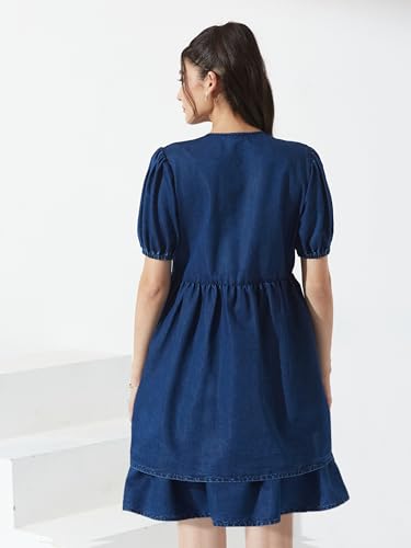 Miss Chase Women’s Round Neck Puff Sleeve Tie-Up Knee-Length Denim Dress (MCAW25DEN04-78-71-05, Navy Blue, L)