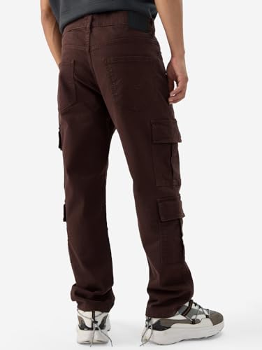 The Souled Store Solids: Decadent Chocolate Straight Fit Cotton Cargo Jeans - Elevate Your Style with Versatile Comfort for Men and Boys