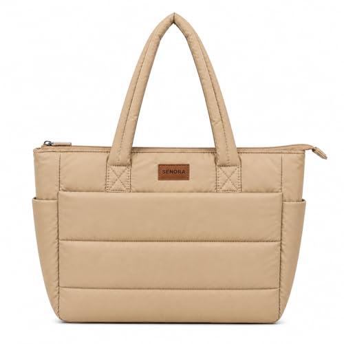 SENORA Quilted Tote Bag for Women | Nylon Tote Lightweight Padded Shoulder Handbag | Large Capacity Office, Travel & Daily Use Bag with Side Bottle Pocket & Zipper Closure (Cream)