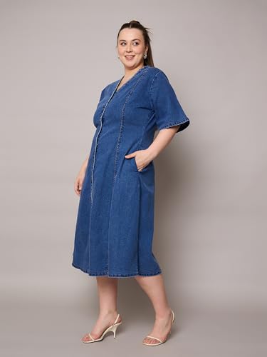 SASSAFRAS Curve Navy Denim V Neck Midi Dress
