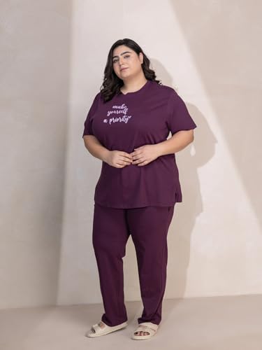TITTLI Women Plus Size Pure Cotton Typography Printed Nightsuit Set | T-Shirt and Pyjama Nightwear | Soft Cotton Sleepwear with Pockets | Lounge Wear for Women | L to 8XL Wine