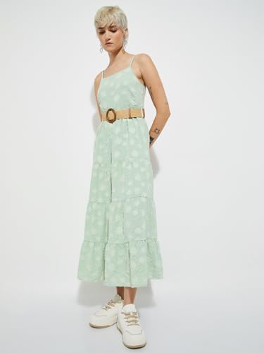 Max Alaya F x URB_N Women Textured Tiered Maxi Dress with Belt(Green_L)