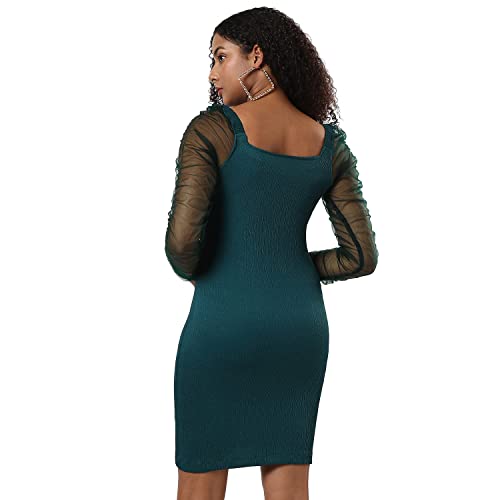 Campus Sutra Women's Solid Green Long Sleeve Mini Length Regular Fit Dress for Casual Wear | Sweetheart Neck Dress Crafted with Comfort Fit and High Performance for Everyday Wear