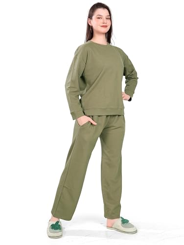 Slumberbe Women's Winter Night Suit Set | Stylish Cotton Full Sleeves Coords Set | Olive Green