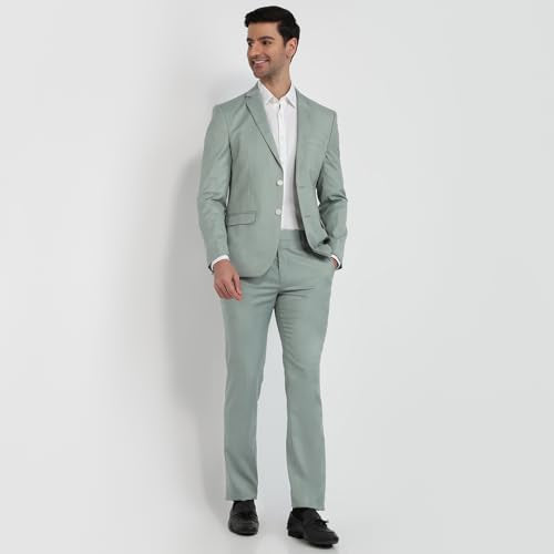 Park Avenue Men Slim Fit Structure Pattern Terry Rayon Blend Notch Lapel Full Sleeve Ceremonial Suit Green