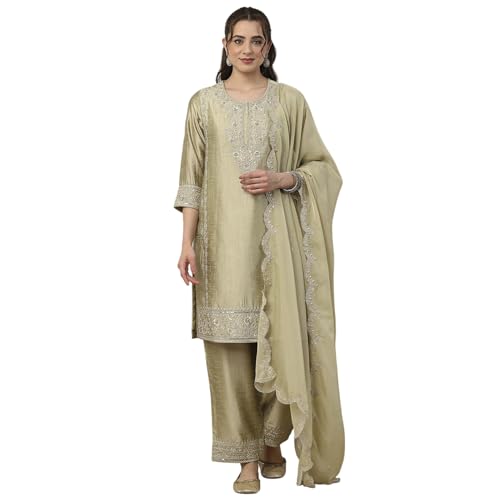 BIBA Women Green Poly Viscose Straight Suit Set_34