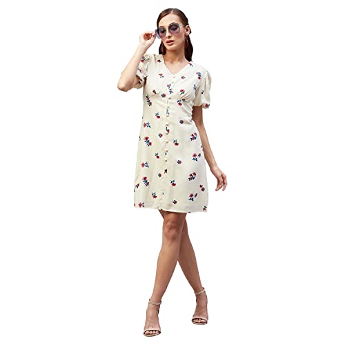 Carlton London Women's Rayon A-Line Above The Knee Dress (CL704_Cream_XL)