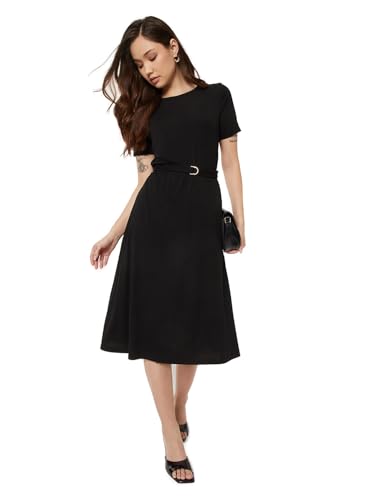 Max Women Textured A-line Belted Dress (Black_XL)