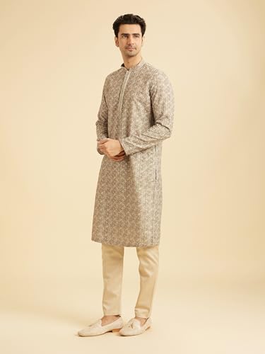 Manyavar Men's Cotton Blend Bandhani Prints & Sequined Kurta Pajama Set (Olive Green,S)