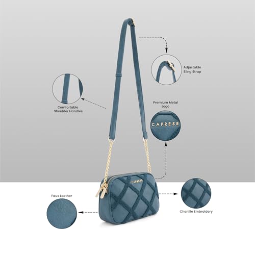 Caprese Athena Small Chenille Embroidered Sling Bag for Women | Elegant Multi-Compartment Shoulder Bag with Adjustable Strap | Party & Travel Crossbody Purse (Transformative Teal)