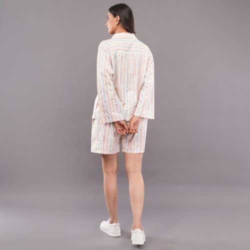 felrio Women's Stripe Lounge Co-Ord Set | Full Sleeve Button-Down Shirt & Matching Shorts Set | Soft Casual Loungewear Nightwear Co-Ord Outfit for Women | White Multi Stripe (XL)