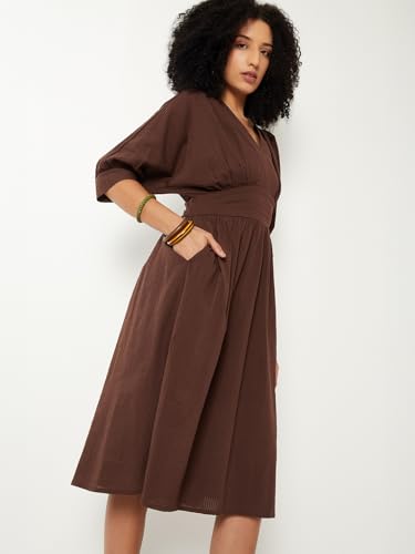 Max Women Textured A-line Midi Dress (Brown_M)