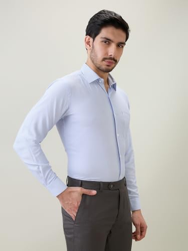 Raymond Men Contemporary Fit Structure Pattern Bamboo Polyester Blend Semi Cutaway Collar Full Sleeve Formal Shirt Blue