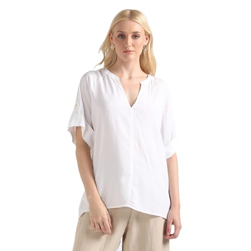 Tommy Hilfiger White Solid V Neck Short Sleeves Women Top (XS)