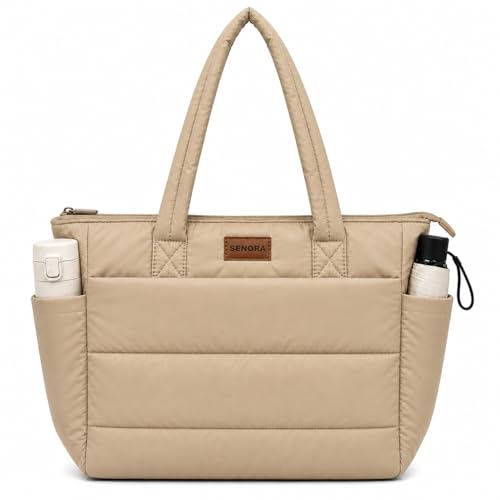 SENORA Quilted Tote Bag for Women | Nylon Tote Lightweight Padded Shoulder Handbag | Large Capacity Office, Travel & Daily Use Bag with Side Bottle Pocket & Zipper Closure (Cream)
