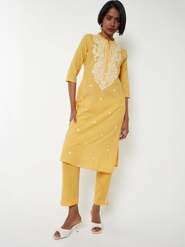 Max Women Embroidered Straight Kurta Set (Yellow_L)
