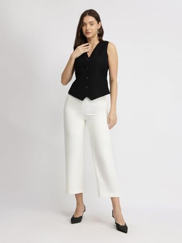 FableStreet Women Formal Waistcoat | Relaxed Fit V-Neck Sleeveless Checked Pattern | Breathable Cotton & Smooth Polyester Lining for Office Meetings & Workwear | Black