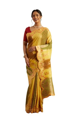 Taneira Women Yellow Woven Viscose Luxe Saree with Unstitched Blouse Piece (SPG08H00006-Yellow)