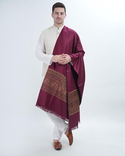 MANRA Men's Kashmiri Acro Wool Self Design Border Plain Shawl for Winter-Dark Purple