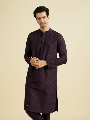 Manyavar Men's Viscose Blend Embellished Classic Kurta Pyjama Set (Purple,M)