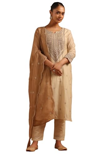 Soch Womens Beige Mul Chanderi Botanical Embroidered Salwar Suit