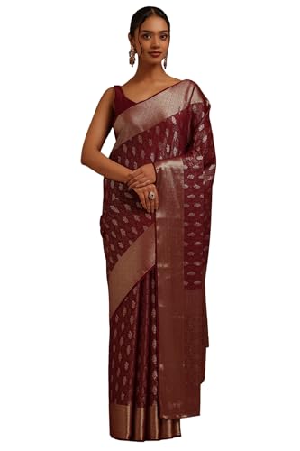 Soch Womens Wine Georgette Floral Zari Woven Saree